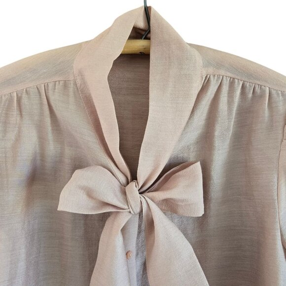 Zara Pink Long-Sleeve Button-Up Shirt With Bow Tie Collar Womens Size L - Picture 4 of 6